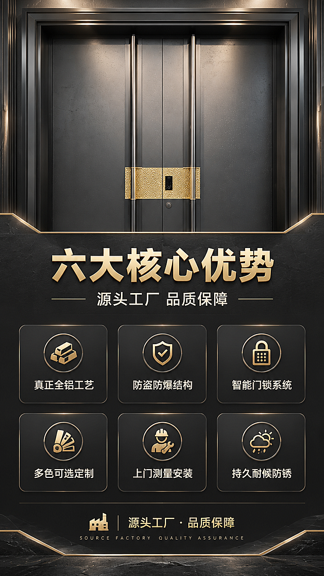 [商品] 使用【图1】全铝精雕别墅入户大门局部作为视觉锚点；保留深灰门板、金色装饰带、智能锁等核心识别元素；商品处理：截取大门上半部分作为页面顶部主视觉，增强金属质感。
[画面] 目标：核心卖点总览页，6大卖点图标化快速传达。构图：上中下结构，顶部产品局部+主标题，中部6个icon卖点卡2行3列排列，底部品牌/工厂背书条。景别：产品局部特写（顶部）+信息排版（主体）。前中后景：前景信息卡片、中景产品局部背景、后景深色渐变底。阅读动线：从上至下，先标题后卖点逐行阅读。
[视觉] 套系策略：风格=高端轻奢工业风商业摄影；标题字=粗黑体厚重有力；正文字=简洁无衬线体；主色=深炭灰；背景延展=基于深炭灰做深浅层级、同色渐变和金属/石材质感延展；强调色=古铜金，仅用于小面积图标、引线、标签和装饰线条；标题色=古铜金；正文色=浅暖灰；组件=深色金属质感信息卡、细金线引线、几何图标；光影=左右对称暖柔光，突出金属立体感与门板纹理。
[文字] 主标题「六大核心优势」，副标题「源头工厂 品质保障」，6个卖点：「真正全铝工艺」「防盗防爆结构」「智能门锁系统」「多色可选定制」「上门测量安装」「持久耐候防锈」，每个卖点配对应几何图标，文字横排居中，手机端清晰可读。
[规格] 图片比例9:16竖版，4K分辨率，负向提示：避免变形、错字、文字过小、卖点图标模糊、排版杂乱、颜色偏离主色系。