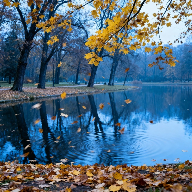 公园，秋冬，景色，树，树叶，无人，湖水预览效果