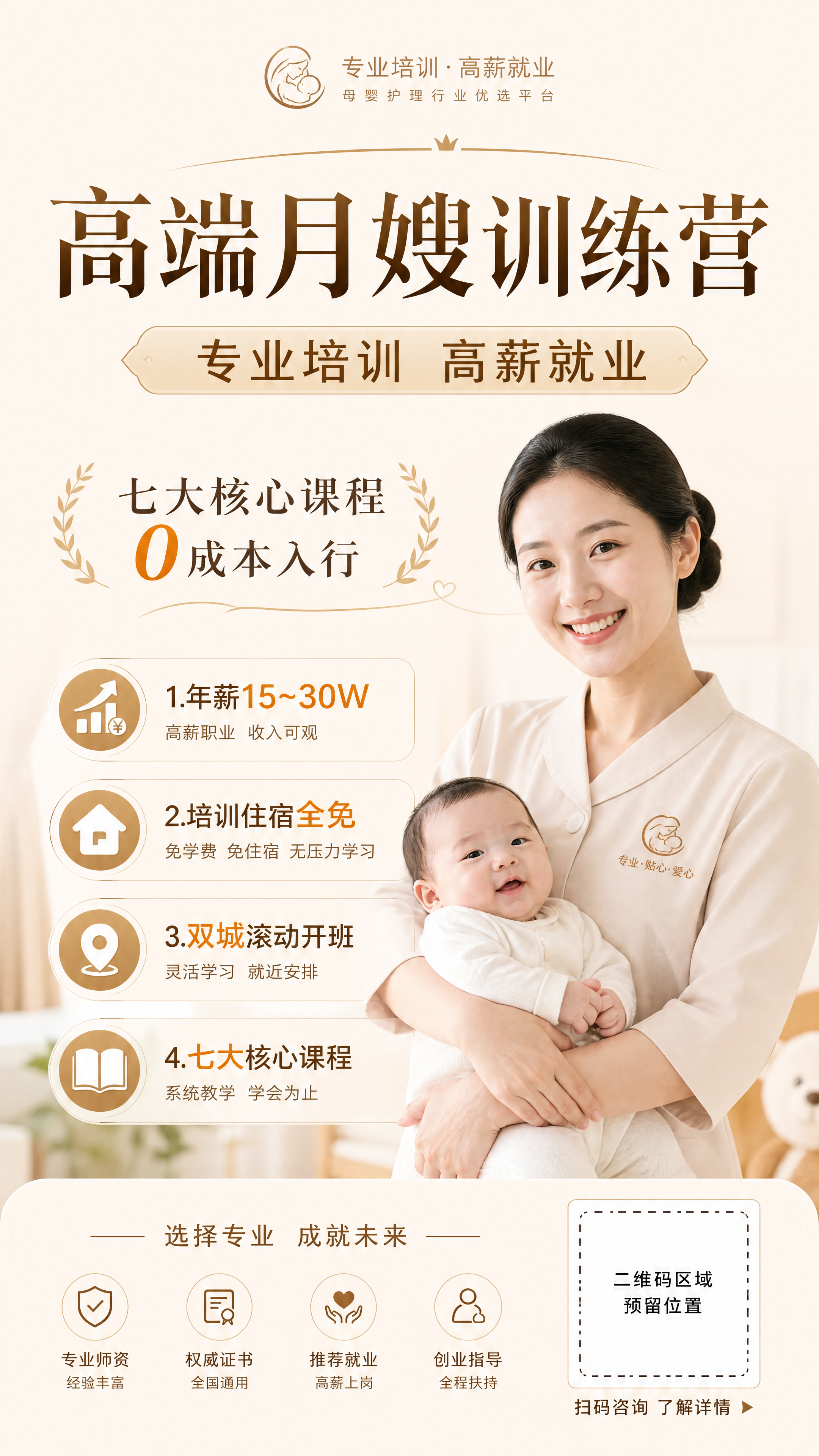 专业温暖风高端月嫂训练营招生海报，主标题“高端月嫂训练营”，副… - 图片创意预览