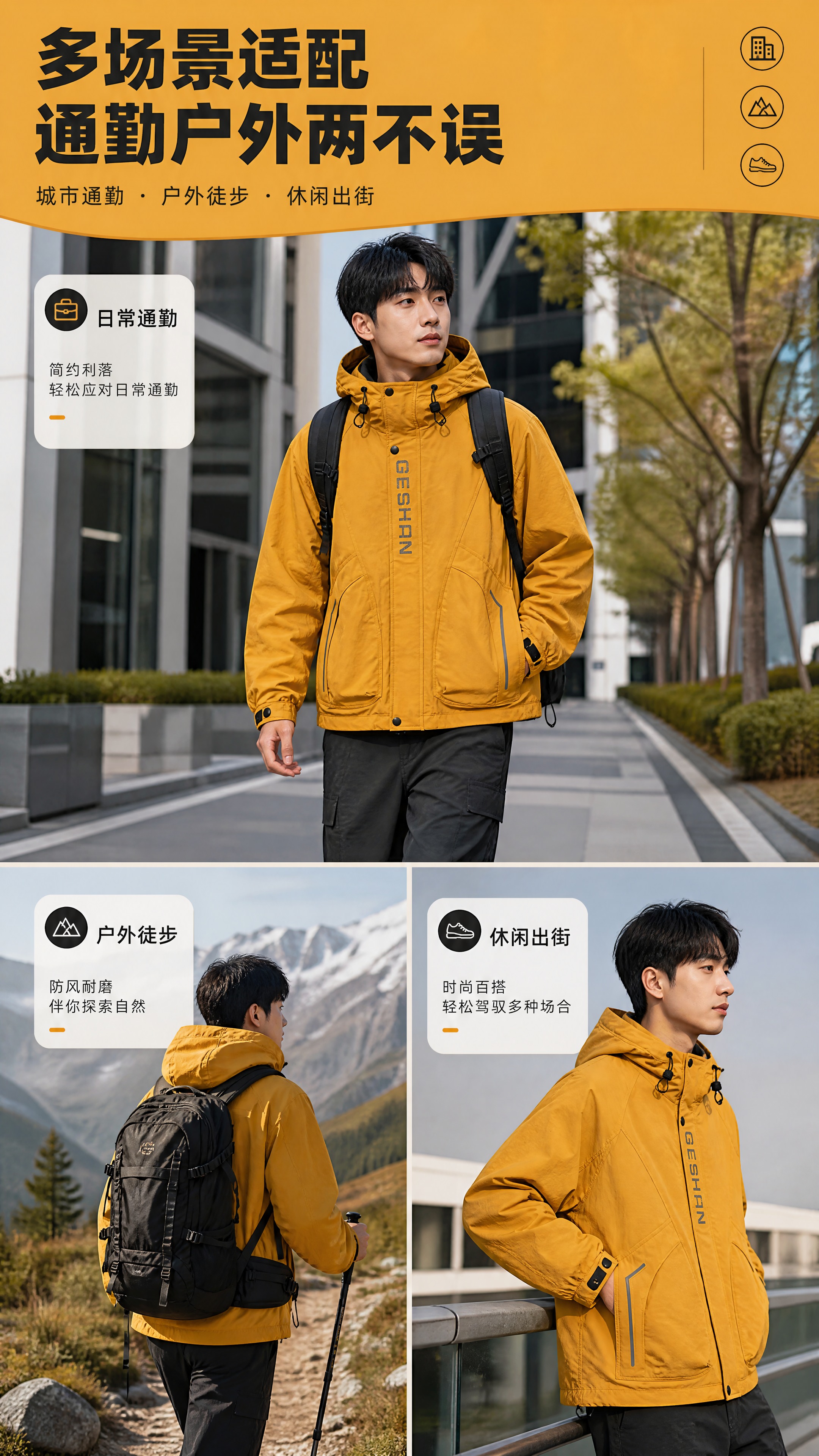 [商品] 使用【图1】姜黄色GESHAN连帽冲锋衣；商品处理：… - 图片创意预览