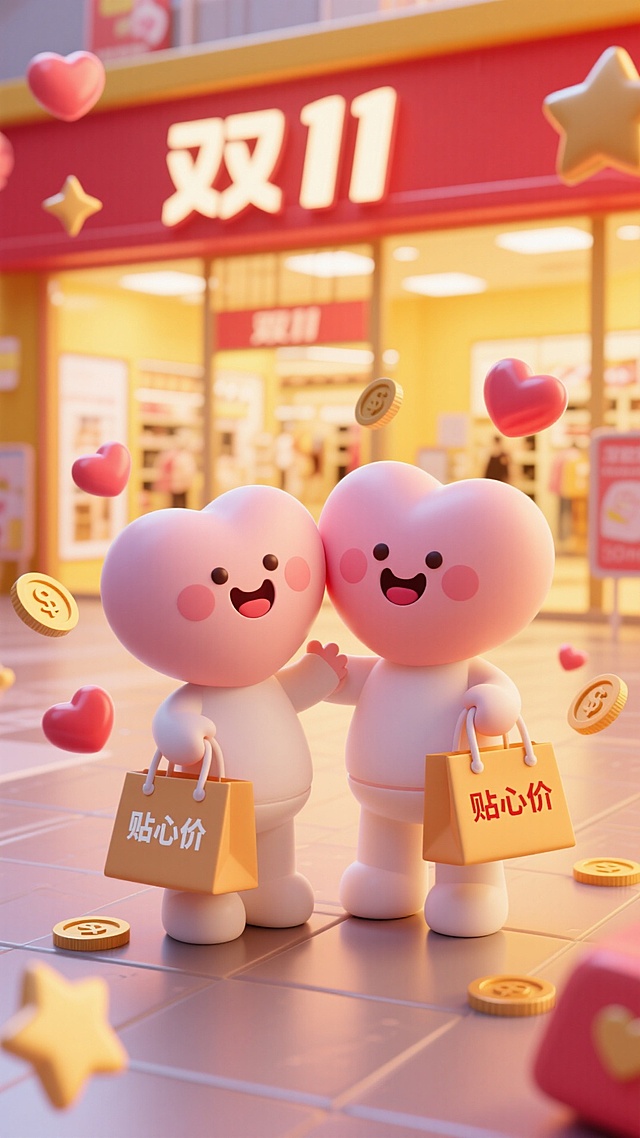 2个爱心贴在一起，手里拿着购物袋，购物袋上写着“贴心价”。开心的表情在打招呼，飘浮着很多星星、爱心和钱币等元素。背景是一座商场，店招名称为“双11”，整体色调以暖黄、红色为主，前景没有物品。俯视角度。