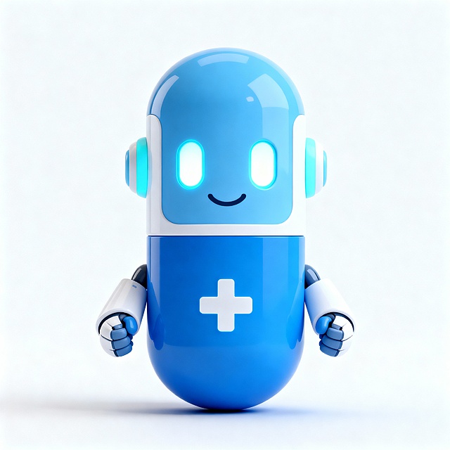 一个可爱的问诊机器人IP形象，整体造型圆润亲和，头部为胶囊形状，搭配蓝色为主色调，点缀白色和浅蓝色细节，眼睛是温柔的椭圆形发光设计，带有微笑的弧形嘴巴，胸前有一个十字医疗标志，双手呈半握拳的友好姿势，背景为简洁的白色，整体风格偏向Soft3D可爱软萌3D风格，充满温暖治愈感