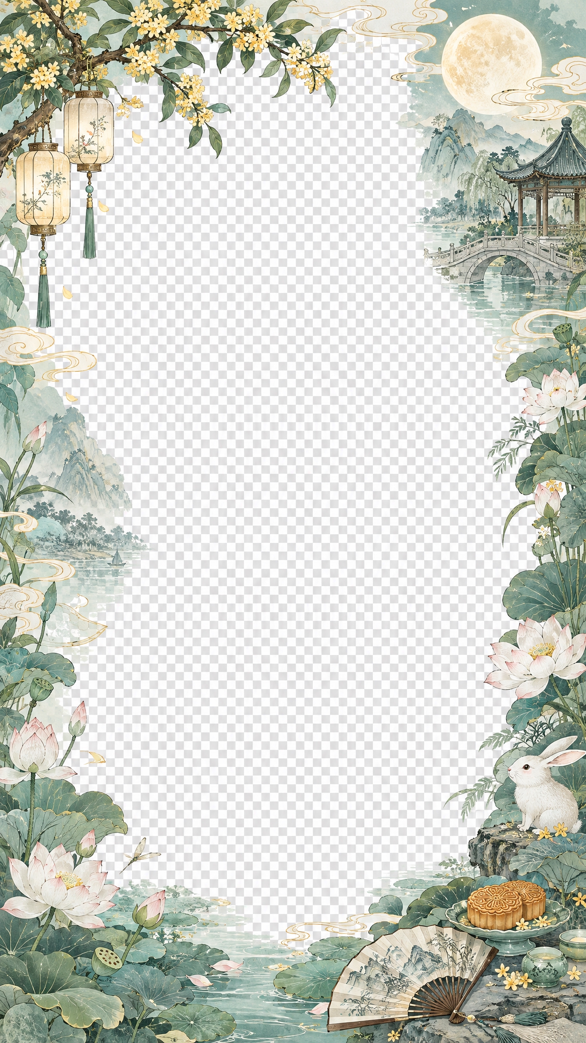 竖版9:16中秋主题边框海报，画面四周装饰，中间大面积棋盘格透… - 图片创意预览