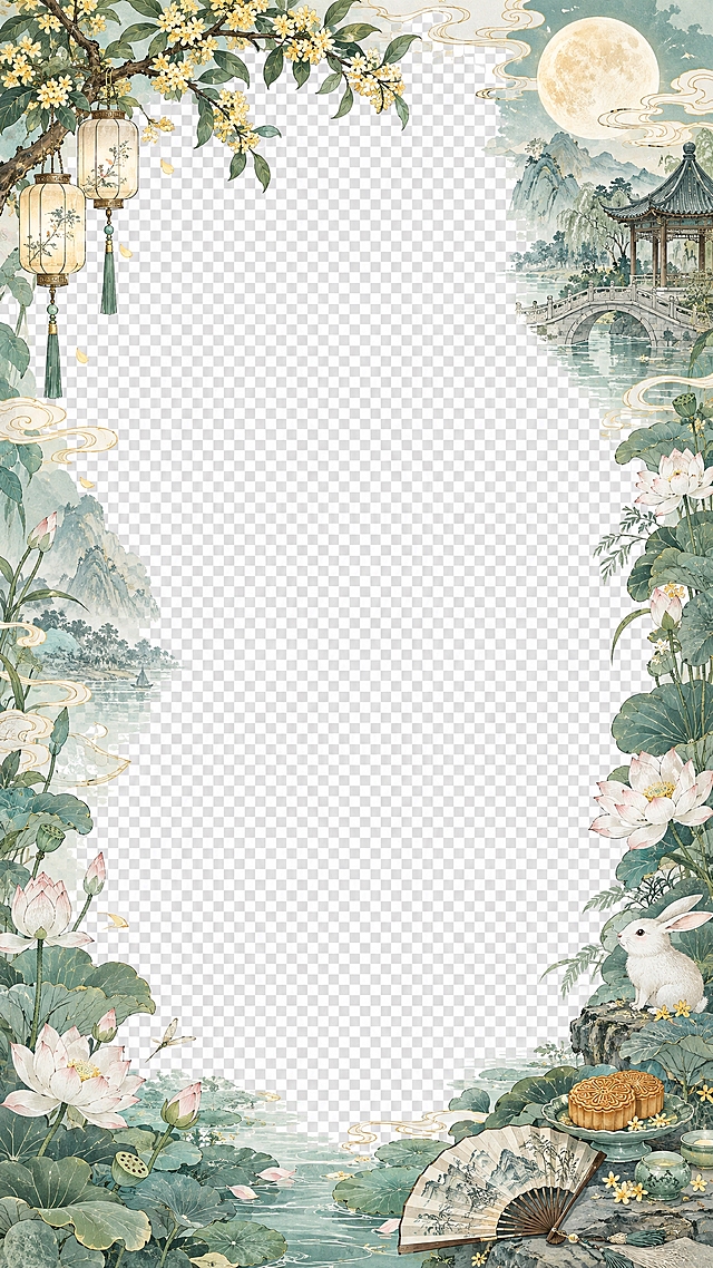竖版9:16中秋主题边框海报，画面四周装饰，中间大面积棋盘格透明镂空区域，江南古风，青绿色主色调，淡雅青绿山水，荷塘荷花荷叶，古亭石桥，桂花树，小玉兔，浅金色圆月，飘逸云纹，纸灯笼，月饼，折扇，新中式工笔插画，细腻线条，低饱和清雅配色，只保留四周边框装饰，中间区域完全透明，无多余文字，精致氛围感，高清