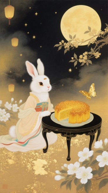 画面中央是一只坐在地上、身着嫦娥服饰的拟人化玉兔，前面是切开的精美巨大月饼，月饼置于带有花纹的黑色小桌上。周围有盛开的茉莉花、金色蝴蝶，右上方是巨大圆月和桂花枝，背景朦胧夜空过渡暖黄色调，点缀星星、小预览效果