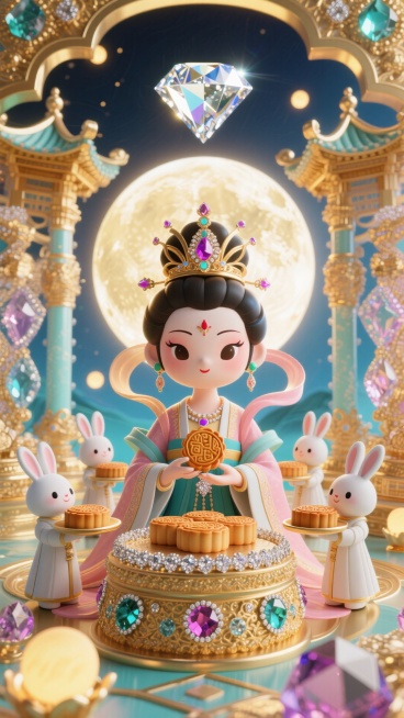 画面呈现宝石色调：珠宝风格月宫（水晶和黄金打造），女王嫦娥（戴王冠）与微型兔子仆从（端月饼）互动，华丽对称构图，奢华中秋氛围，钻石月亮璀璨。预览效果