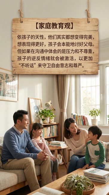 画面中有温馨的中国父母和中国孩子们，搭配清晰正确的中文文字："【家庭教育观】依孩子的天性，他们其实都想变得完美，想表现得更好，孩子会本能地讨好父母。但如果在沟通中体会的是压力和不尊重，孩子的逆反情绪就预览效果