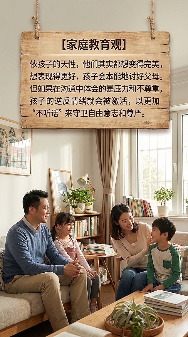 画面中有温馨的中国父母和中国孩子们，搭配清晰正确的中文文字："【家庭教育观】依孩子的天性，他们其实都想变得完美，想表现得更好，孩子会本能地讨好父母。但如果在沟通中体会的是压力和不尊重，孩子的逆反情绪就会被激活，以更加'不听话'来守卫自由意志和尊严。"，营造温暖的家庭沟通氛围