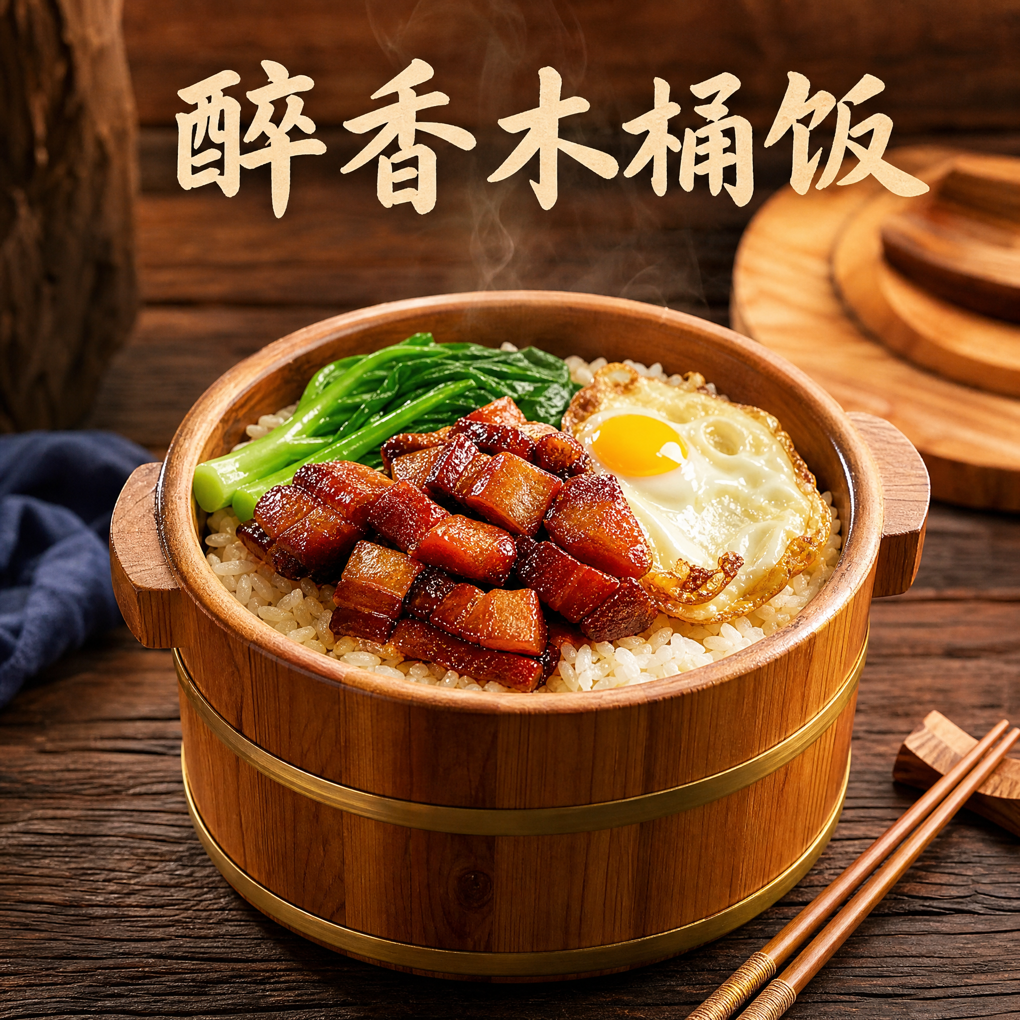 写实摄影风格的餐饮品牌头像，店名"醉香木桶饭"，画面中央是一只… - 图片创意预览
