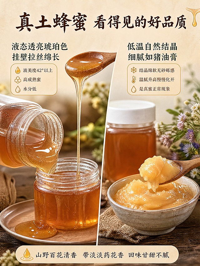 [商品] 使用【图1】方瓶一斤装土蜂蜜；保留瓶身、瓶盖、琥珀色蜂蜜原貌；做开盖倒蜜与舀蜜的质地展示，蜂蜜颜色和浓稠度与原图一致。
[画面] 页面目标：质地口感专页，展示真土蜂蜜的琥珀色、浓稠挂壁、拉丝绵长、低温结晶等物理特征；构图左右分栏，左侧液态蜂蜜特写占55%，右侧结晶蜂蜜+口感说明占45%；左侧：蜂蜜瓶倾斜倒蜜，木勺舀起蜂蜜拉丝绵长滴落，瓶壁挂壁明显，琥珀色透亮有光泽，微距特写质地；右侧：一小碗结晶蜂蜜呈细腻猪油膏状，用勺舀起展示绵密质感，旁边放新鲜野山花点缀；景别微距+近景，阅读动线从左到右再下；前中后景：前景滴落蜂蜜/结晶碗、中景倒蜜瓶/木勺、后景虚化木桌+野花。
[视觉] 套系策略：风格=朴素农家真实摄影风，质朴接地气；标题字=手写感宋体/楷体粗标题；正文字=简洁宋体正文；主色=琥珀蜜色+原木棕；背景延展=旧木桌、土麻布、野山花的自然暖调质感；强调色=深松绿；标题色=深棕褐；正文色=暖深灰；组件=土黄底圆角信息卡、细木色引线、蜜滴小图标；光影=侧前暖柔光，突出蜂蜜通透感与结晶绵密质感，真实不夸张。
[文字] 顶部主标题「真土蜂蜜 看得见的好品质」，左侧副标题「液态透亮琥珀色 挂壁拉丝绵长」，配卖点：波美度42°以上 高成熟蜜 水分低；右侧副标题「低温自然结晶 细腻如猪油膏」，配卖点：结晶绵软无砂砾感 温度升高慢慢化开 是真蜜正常现象；底部加一行口感描述「山野百花清香 带淡淡药花香 回味甘甜不腻」；文字分布上下左右留白处，不遮挡倒蜜和结晶主视觉。
[规格] 国内电商详情页，比例3:4竖版，分辨率4K，负向提示：避免假拉丝特效、塑料感、颜色失真、文字过小、错字、过度修图、冷蓝背景。