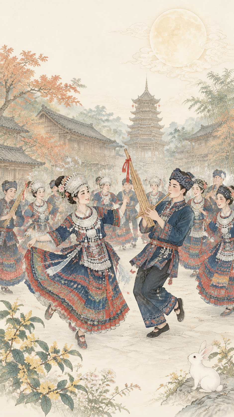 参考右侧工笔淡彩风格，将画面改为苗族中秋芦笙舞场景，去除所有文… - 图片创意预览
