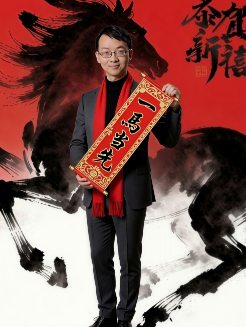 手里的扇子换成春联横幅“一马当先”预览效果