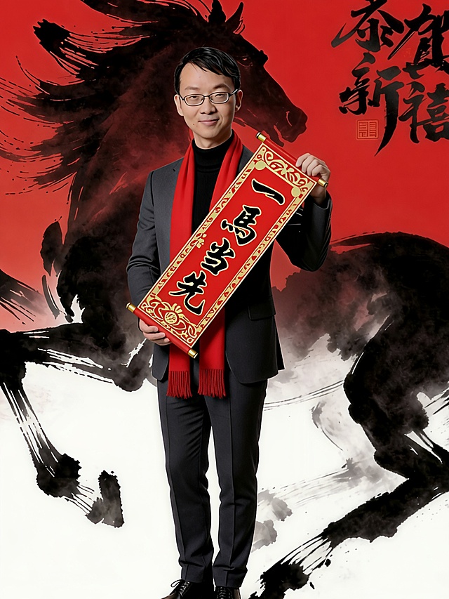 手里的扇子换成春联横幅“一马当先”