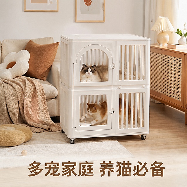 「图片1」，生成电商主图（9张），商品名称是猫笼别墅，卖点是：双层分区猫别墅｜免安装可移动，好擦无异味；
加厚环保树脂宠物笼，分层养宠不打架；
带刹车万向轮｜推拉随心，打扫零负担；
模块化自由叠加，小户型省空间高颜值；
全通透竖栏通风，防水防尿一冲即净，适配拼多多平台，主图比例为1:1