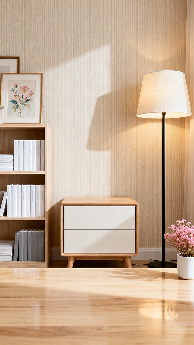 帮我生产五六张，这是一张现代简约风格的室内产品展示背景图，采用9:16的竖版构图。画面采用平视角度拍摄，主体床头柜产品位于画面中央偏下位置，营造出干净整洁的展示效果。背景环境是一个温馨的现代家居空间，整体色调以暖米色和浅木色为主，营造出舒适自然的氛围。背景墙是浅米色的竖条纹壁纸，纹理细腻柔和。画面左侧可见一个现代简约风格的书架，书架采用浅木色材质，分为上下两层。上层摆放着一些装饰画框，其中一幅是花卉图案的装饰画，色彩淡雅。下层整齐地摆放着几本精装书籍，书脊颜色以白色、灰色为主，与整体色调协调统一。右侧有一盏现代简约风格的落地灯，灯杆是黑色金属材质，灯罩是米白色的布艺材质，灯光柔和温暖，为整个空间增添了温馨的氛围。落地灯旁边有一个白色的小花盆，里面种植着粉色的干花，花朵造型自然，为空间增添了一丝生机。前景的桌面是浅色木质材料，表面光滑平整，反射着柔和的光线。整个空间的光线来自于自然采光和人工照明的结合，光线柔和均匀，没有强烈的阴影，营造出专业的产品展示效果。整体风格体现了现代北欧简约美学，注重功能性与美观性的平衡，色彩搭配和谐统一，空间层次丰富但不杂乱，非常适合作为高端产品的展示背景。