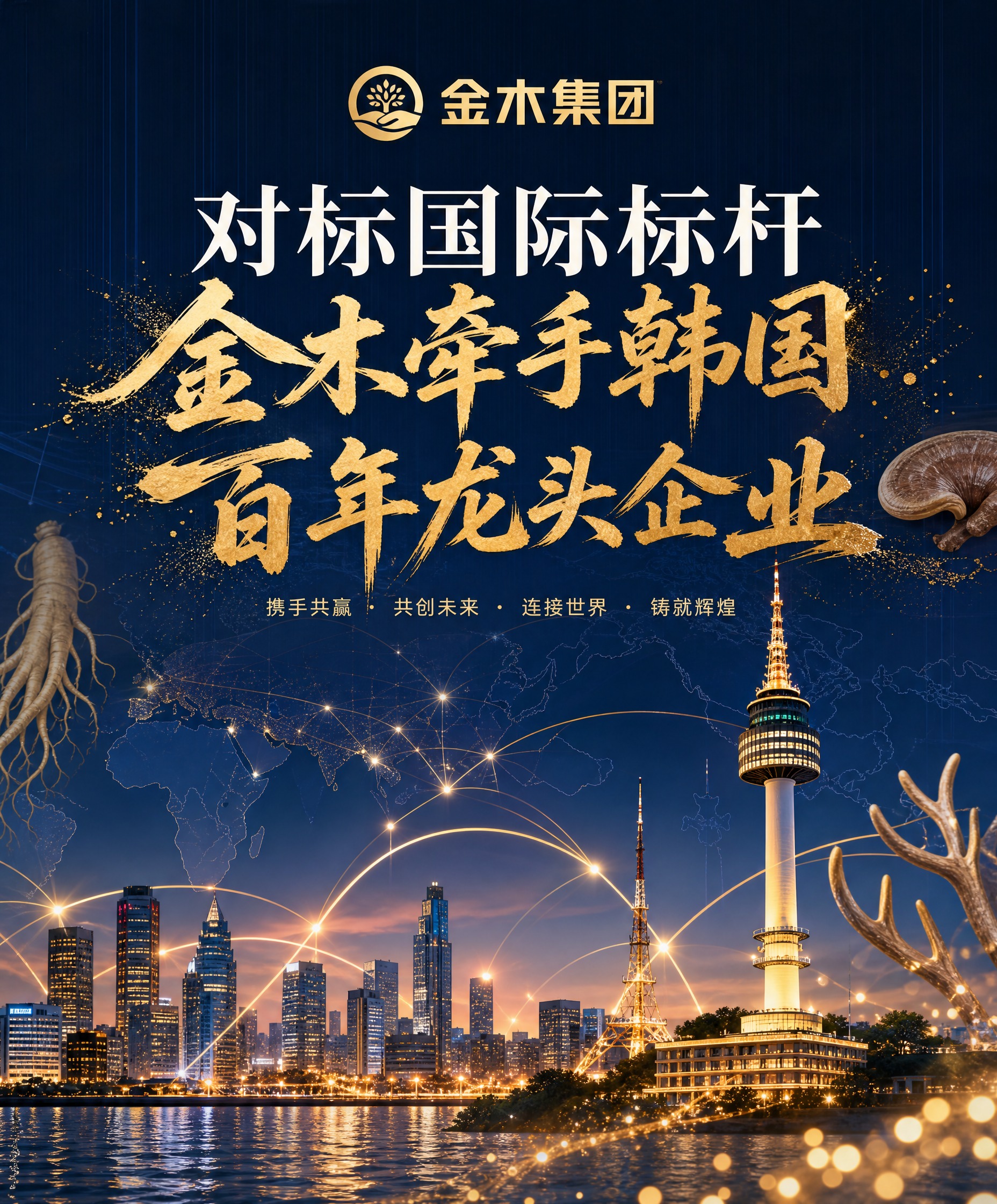 商业宣传海报，深蓝色科技渐变背景，背景是世界地图线稿，现代化国… - 图片创意预览