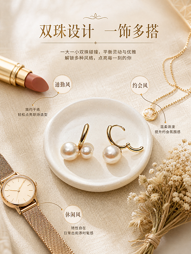 [商品] 使用【图1】【图2】双珠珍珠耳环（金色耳扣款）；保留双珠大小对比、金色耳扣结构；突出设计感。
[画面] 第5张-设计故事，目标：双珠设计理念与搭配灵感。搭配灵感型构图，画面中央是耳环的优雅陈列，放置在白色陶瓷小碟上，周围环绕着搭配灵感元素——一支口红、一条细项链、一只手表、一小束干花，暗示耳环的百搭属性；背景是浅米色的亚麻布纹理，整体呈现梳妆台的氛围感；采用中心放射式构图，耳环在中央，搭配物品围绕四周，营造"精致女孩的首饰盒"感觉。
[视觉] 套系策略：风格=精致轻奢商业珠宝摄影；标题字=纤细优雅衬线体；正文字=简洁无衬线体；主色=奶油香槟色；背景延展=基于奶油香槟做深浅渐变、洞石纹理、丝绒质感；强调色=暖金色，仅用于小面积图标、引线和装饰线；标题色=深金色；正文色=暖棕色；组件=圆角浅底信息卡、细金线引线；光影=顶部柔和漫射光，整体均匀明亮，阴影柔和自然。
[文字] 画面上方主标题"双珠设计 一饰多搭"，下方三个小圆点标签"通勤风""约会风""休闲风"，分别用细线指向不同的搭配物品区域。
[规格] 图片比例3:4竖版，2K分辨率，避免耳环变形、搭配物品杂乱、塑料感、模糊、错字、水印、冷蓝灰色调。