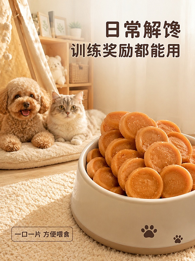 [第4屏] 日常喂食场景种草，猫咪狗狗食用鸡肉圆片零食。本屏使用【图1】作为产品主体。
[氛围/风格] 温馨居家宠物场景，生活化氛围感，真实自然，轻松治愈。
[元素布局] 画面右侧放置食盆，食盆中摆放鸡肉圆片产品，左侧背景是温馨客厅角落，搭配宠物垫子，整体场景层次丰富，产品占比约60%，保留产品形态颜色与原图一致。
[光影质感] 柔和室内自然光，整体明亮温馨，阴影过渡自然，突出产品和喂食氛围。
[配色色系] 全局底色 #F5F0E6；主色暖米场景色，辅助色产品暖橙色，深棕色文字。
[视角构图] 生活场景平视视角，左场景右产品构图，阅读自然流畅。
[文字版式] 顶部主标题「日常解馋 训练奖励都能用」，左下角小字「一口一片 方便喂食」，圆角棕色字体，文字位置合理不遮挡主体。
[比例分辨率] 3:4 比例，4K分辨率，文字清晰可辨，高清画质。
[负向提示词] 怪异宠物形态，产品变形，颜色失真，虚假场景，文字错乱。