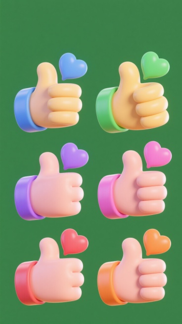 一系列6个不同造型与角度的3D卡通风格点赞手势图标，保持圆润可爱的Q版造型和光滑塑料质感，每个手势配有不同颜色的心形气泡（如蓝色、绿色、黄色、紫色、粉色、橙色），纯色背景，整体色彩明快活泼，所有图标规整排列形成集合，无文字及二维码元素。预览效果