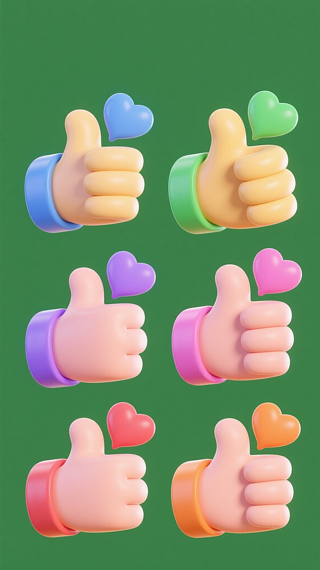 一系列6个不同造型与角度的3D卡通风格点赞手势图标，保持圆润可爱的Q版造型和光滑塑料质感，每个手势配有不同颜色的心形气泡（如蓝色、绿色、黄色、紫色、粉色、橙色），纯色背景，整体色彩明快活泼，所有图标规整排列形成集合，无文字及二维码元素。