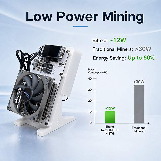 [Main Image 3] Low power consumption advantage highlight for Bitaxe NerdQAXE++ 4.8TH Solo Miner. [Atmosphere Style] Data visualization, intuitive comparison, professional technical style. [Quality Requirements] Commercial photography texture, soft lighting, clear details, realistic material. [Elements] Split screen layout, left side shows the Bitaxe NerdQAXE++ miner working state, right side shows power consumption comparison bar chart. Keep product appearance and structure consistent with original image, no change. Light blue gradient background, clean and tech style. [Lighting] Even soft lighting, clear product and data chart, good contrast. [Color Matching] Light blue background, product original color, green for low power data bar, gray for traditional miner data bar, clear visual comparison. [Perspective Composition] Left product right chart, balanced composition, clear focus. [Text Layout] Top title "Low Power Mining", below comparison text: "Bitaxe: ~12W", "Traditional Miners: >30W", "Energy Saving: Up to 60%" . Clear font, all English, simple layout, highlight the low power advantage. [Proportion Resolution] 1:1 proportion, 4K resolution, ultra high definition. [Negative Prompt] Deformed, watermark, text disorder, blurry product, messy background, Chinese characters, false data