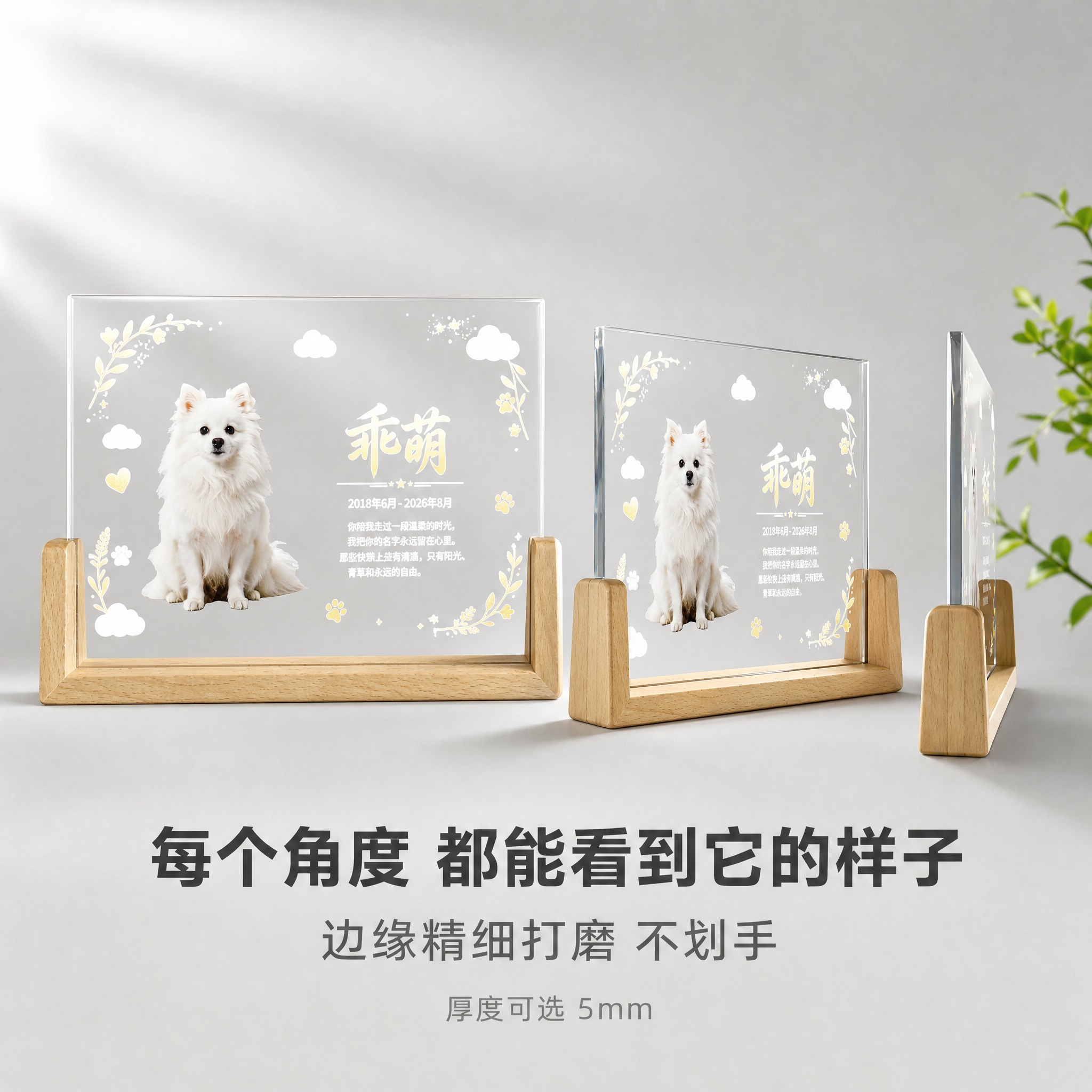 电商主图，宠物纪念亚克力摆件（木质底座）多角度细节展示图，高级… - 图片创意预览