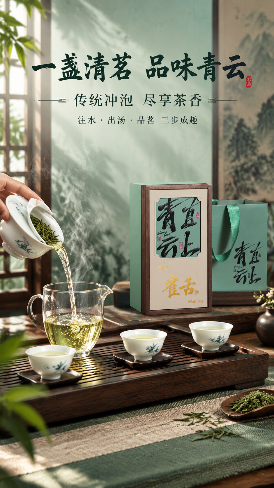 [商品] 使用【图1】青云直上雀舌绿茶礼盒，礼盒置于画面右侧茶… - 图片创意预览