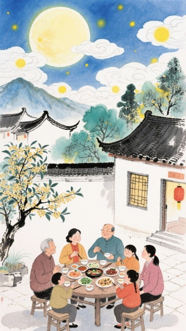 中国传统节日新年，一轮明亮的圆月高挂天空，周围点缀着云朵和黄色光斑。近处是中式庭院，一家人围坐在圆桌旁吃团圆饭，桌上摆满食物，旁边有中式房屋，屋前有桂花枝，周围树木葱郁，远处是山峦和中式建筑，重点突出预览效果