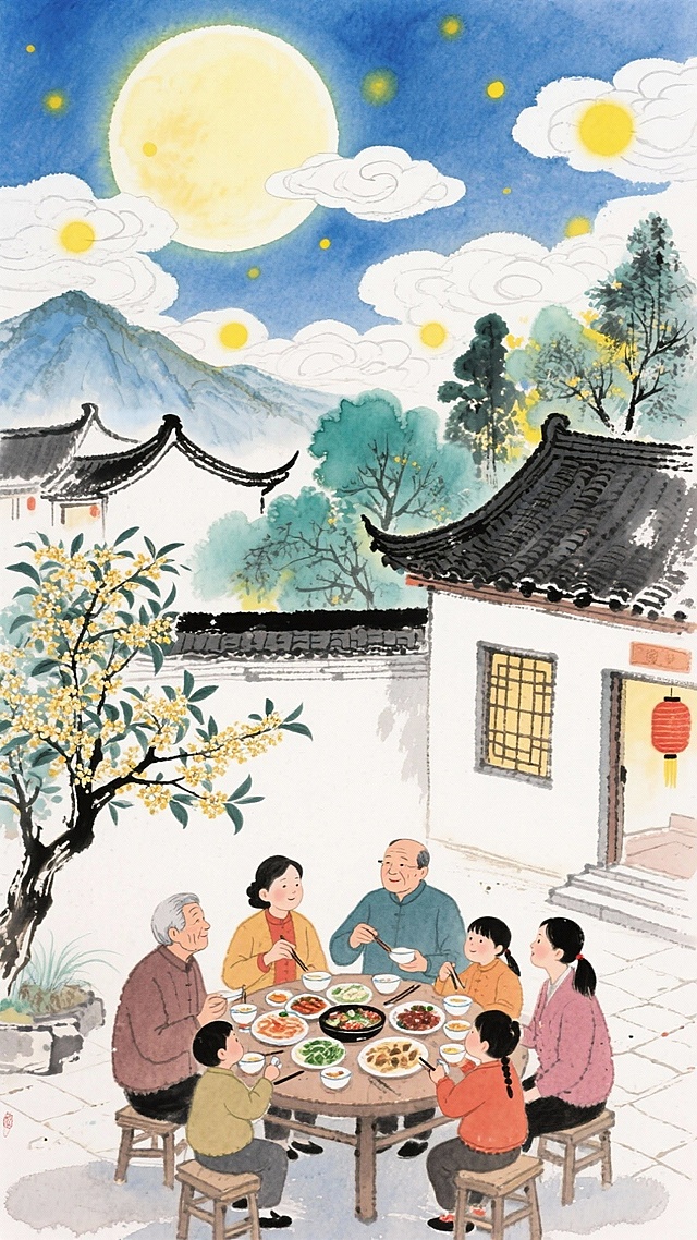 中秋团圆宴，工笔与水彩交融的国潮插画风，月下庭院温馨喜庆，中式建筑与桂花树点缀，全家围坐共享佳肴，尽显传统节日温情。