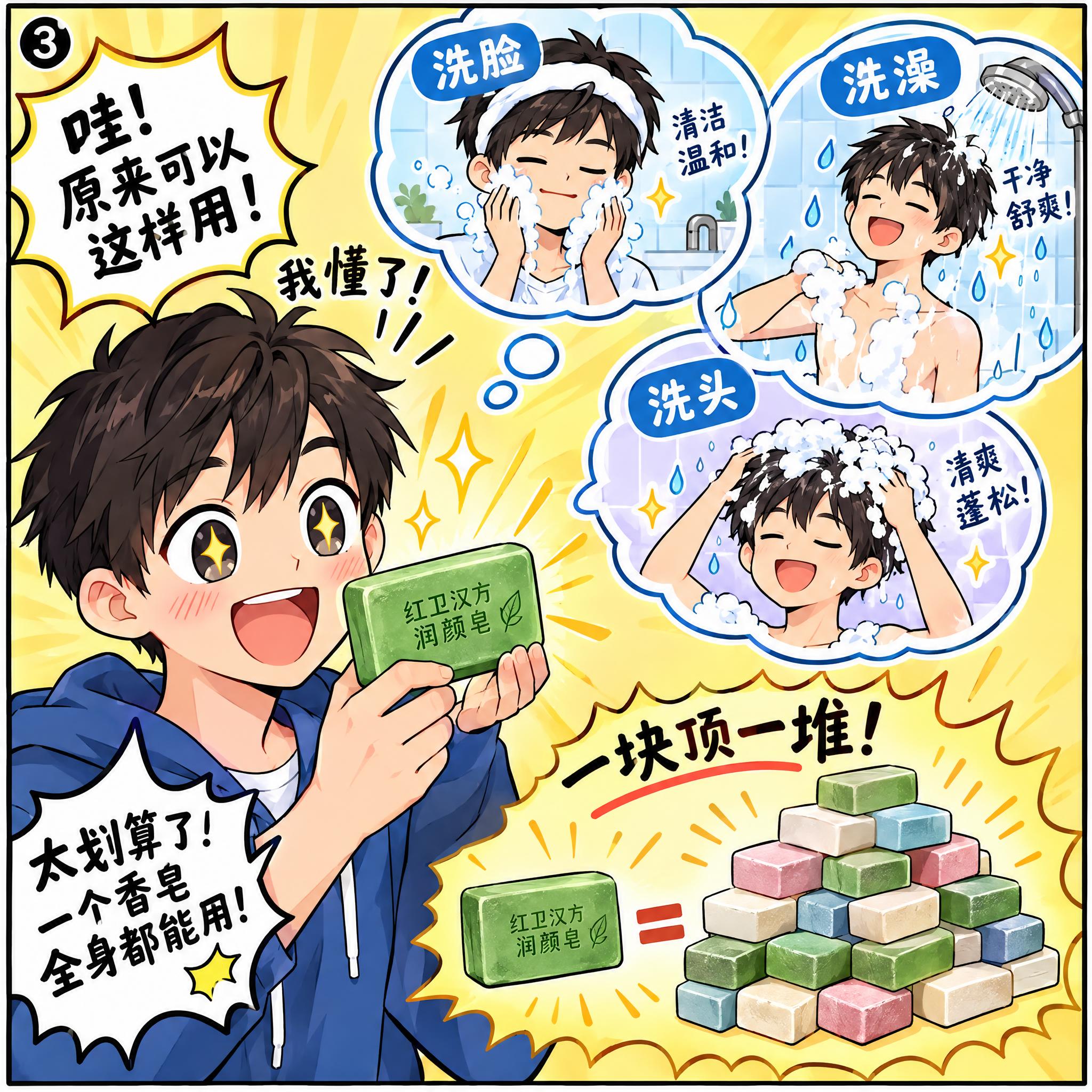 漫画风格四格漫画第三格，男生手里拿着一块绿色的长方形香皂——红… - 图片创意预览