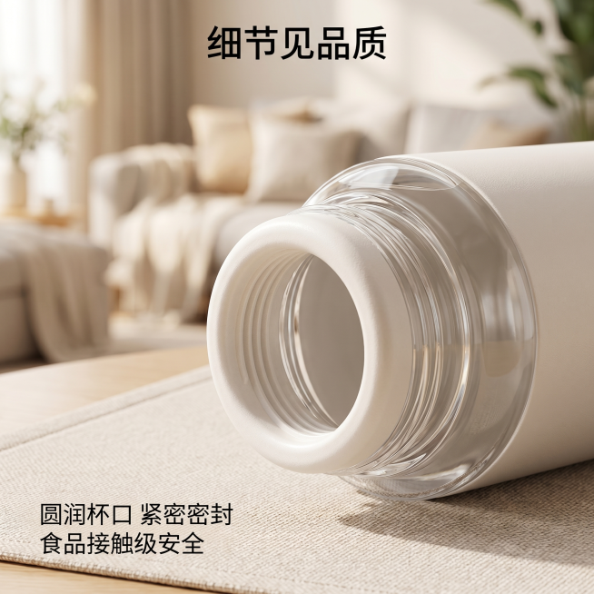 [主图 3] 水杯细节做工放大展示，重点呈现杯口与密封细节。[氛围风格] 温馨舒适家居治愈风，精致质感。[画质] 商业摄影微距质感，细节清晰锐利，画面干净高级。[元素] 放大展示水杯杯口和密封螺纹区域预览效果