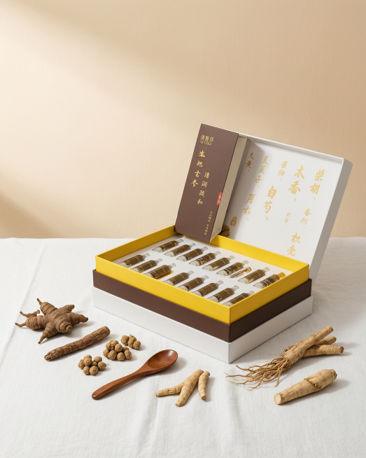 A modern Chinese herbal wellness box "生地玄参清润疏和套" on a pure white linen fabric background. The box ha预览效果