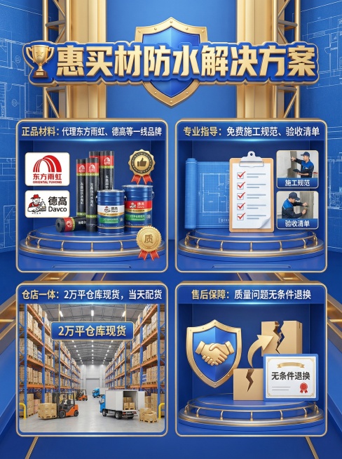 家居装修防水宣传海报，标题为"🏆 惠买材防水解决方案"，分四点展示服务内容："正品材料：代理东方雨虹、德高等一线品牌"、"专业指导：免费施工规范、验收清单"、"仓店一体：2万平仓库现货，当天配货"、预览效果