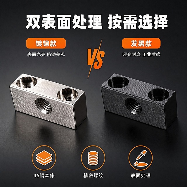 [主图-3] 材质与工艺细节图，对比展示镀镍款与发黑款两种表面处理工艺的质感差异和细节。
[统一基调] 工业专业品质风，深灰渐变背景，主标题白色粗黑体，强调色为工业橙，辅助文字浅灰，信息卡片为深灰底细橙边，整体简洁规整突出金属精密感。
[画面] 画面左右分栏布局，左侧为镀镍亮银色挡块特写，右侧为发黑哑光黑挡块特写，两款产品均为45度视角，大小一致，左右对称摆放，各占画面约40%。中间上方有VS标识。左侧上方标签写「镀镍款」，下方小字「表面光亮 防锈美观」。右侧上方标签写「发黑款」，下方小字「哑光耐磨 工业质感」。画面底部有三个圆形小图标横向排列，分别标注「45钢本体」「精密螺纹」「表面处理」。顶部主标题写「双表面处理 按需选择」。
[光影质感] 商业工业摄影质感，左右两侧分别布光，镀镍款突出明亮金属反光和镜面质感，发黑款突出哑光细腻纹理和磨砂质感，螺纹细节在两款中都清晰可见，底部有自然投影。
[配色] 背景深灰渐变，主标题白色，标签橙色底白字，图标白色线条橙色填充，产品保留真实金属色泽，对比鲜明。
[文字版式] 主标题粗黑体居顶部居中，两款上方各有圆角矩形标签，底部图标等距排列，图标下方有小字说明。所有文字横排，清晰可读。
[输出要求] 1:1正方形，产品清晰不变形，文字清晰无错字，画面干净无杂乱元素，无水印无平台logo，禁止出现极限词。