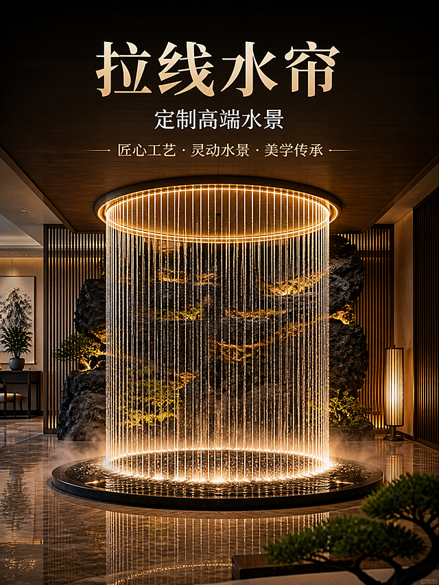 拉线水帘产品详情页首图，高端新中式室内圆形拉线水帘，背景假山造景，添加简单文字介绍标题：拉线水帘，定制高端水景，高清大图，竖版，高端大气，文字排版简洁