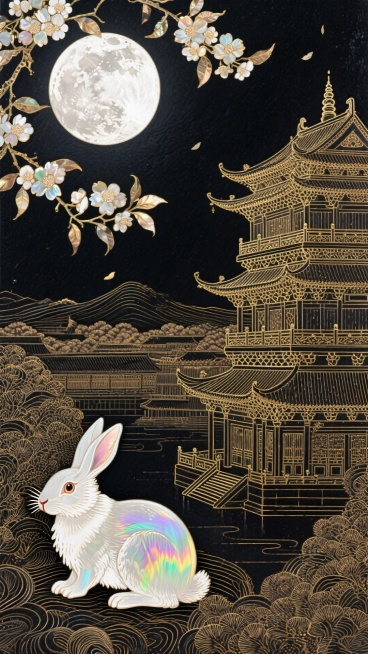画面模仿大漆螺钿工艺。深黑夜空是漆底，明月与桂花用洁白贝母薄片镶嵌，温润发光。玉兔身上折射虹彩。远景的国庆楼阁则以细金线勾勒轮廓，典雅瑰丽预览效果