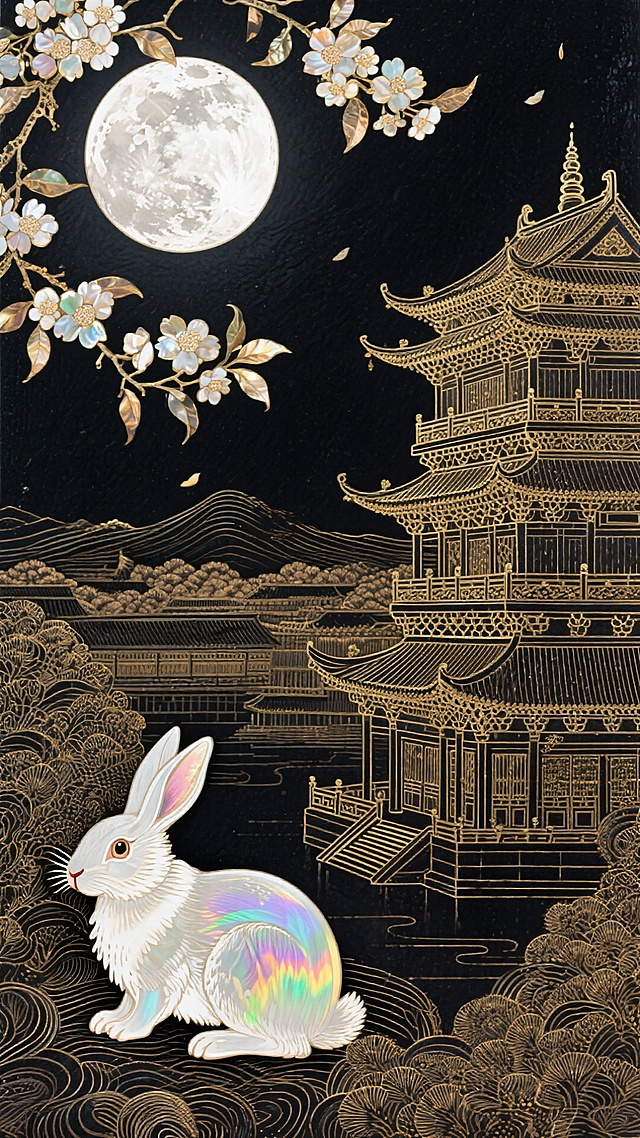 工笔风描边，鎏金浮雕古塔映月，梦幻白兔泛彩光，中式古典意境与虚拟自然交融，唯美奢华中秋夜。