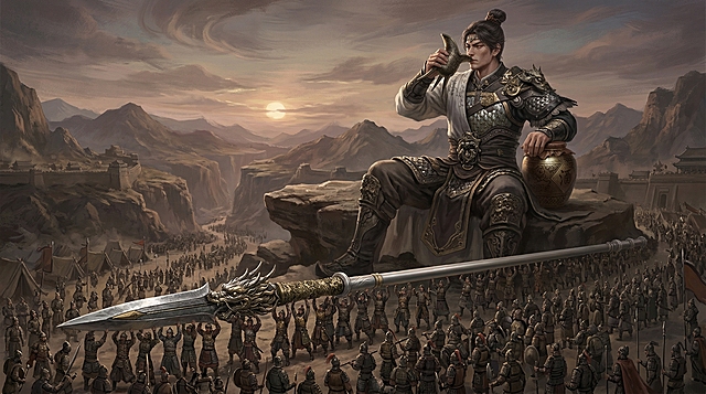 基于参考人物形象，生成画面构图为一个巨大的赵云人物坐在地上喝酒，下方是密密麻麻穿着兵甲的小人，一起抬着一个巨大版的龙胆亮银枪，整幅图没有任何文字，国古风武侠风格，写实笔触