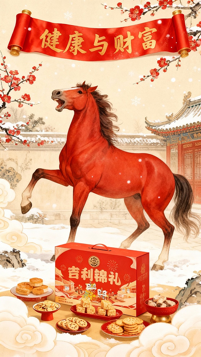 工笔风与重拟物结合，红马昂首踏雪，中式建筑与梅花点缀，鎏金卷轴书“健康与财富”，水彩质感烘托喜庆氛围，礼盒与点心呈现传统年味。