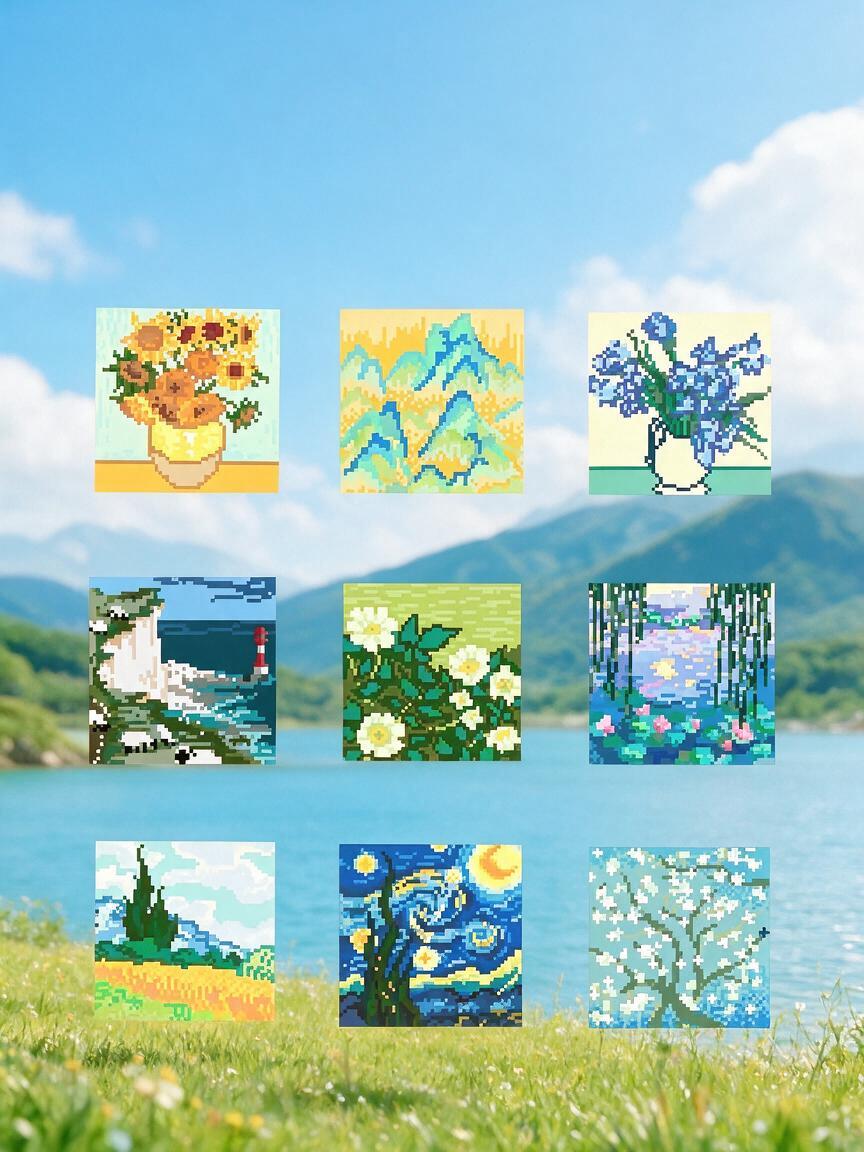 将背景替换为明亮清新的浅色自然风景，保持九张像素画方块小图的内… - 图片创意预览