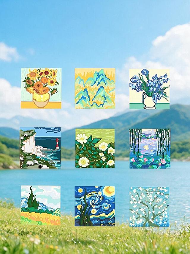 将背景替换为明亮清新的浅色自然风景，保持九张像素画方块小图的内容和样式完全不变，缩小九宫格之间的间距，使排列更紧凑，并将九宫格整体向下移动一点点，画面构图协调自然
