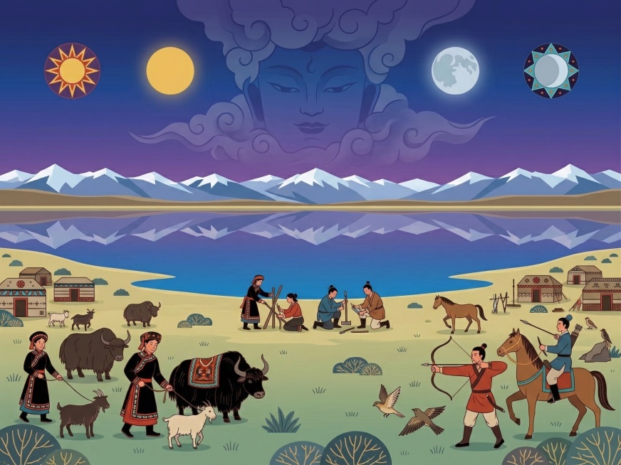 扁平风格绘本插画，遥远北方牡必密必糯海厄湖畔，拉祜族先民与汉族共同狩猎游牧，和睦生活场景。对称水平构图，大湖为中心，湖面如镜分天地，日月同悬天空，天神厄莎隐于云层，几何化日月符号点缀。清新配色融入拉祜预览效果