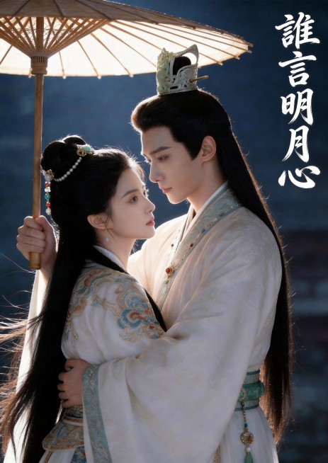 擦除原海报右侧所有文字，在原文字位置添加竖排繁体中文字"誰言明月心"，文字保持和原花体字一致的白色毛笔书法风格，灵动曲线，有质感，保留原画面主体人物和背景整体效果，电影海报质感，大师作品预览效果