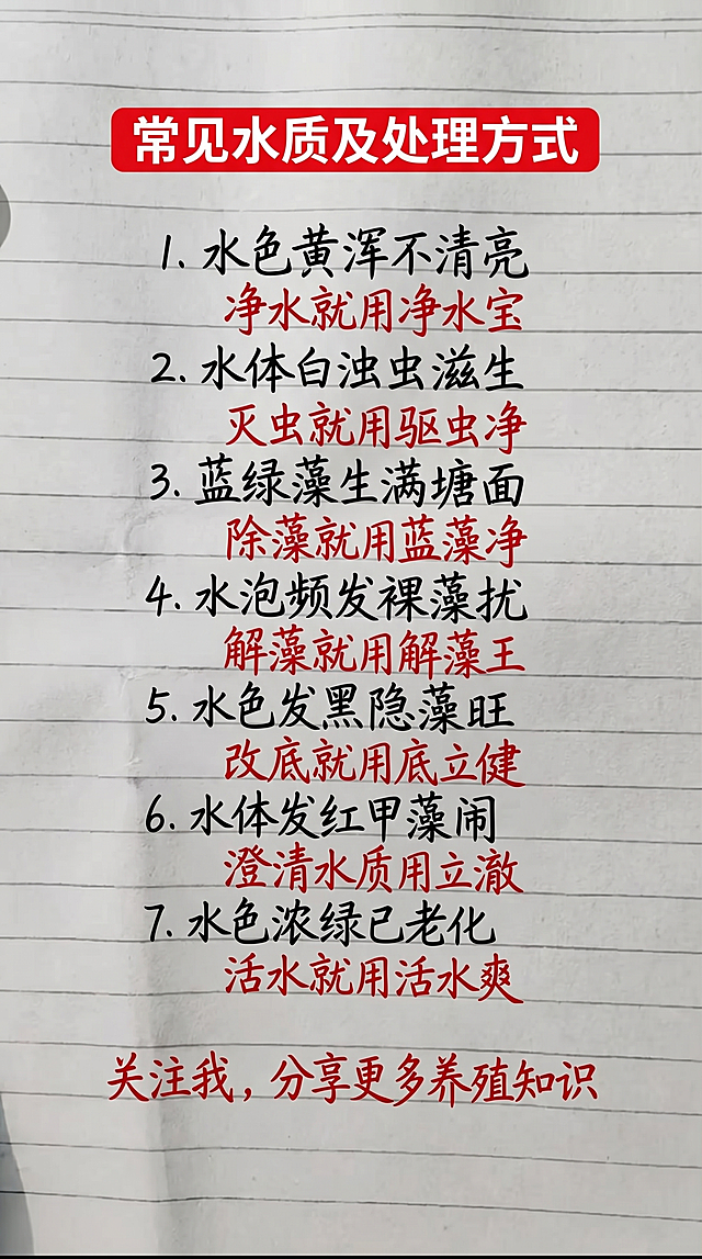 参照原图的字体风格和颜色排版，将原图内容全部替换为新文案：顶部红色块配白色标题文字"常见水质及处理方式"，正文黑红手写文字一字不差排列为：
水色黄浑不清亮，净水就用净水宝
水体白浊虫滋生，灭虫就用驱虫净
蓝绿藻生满塘面，除藻就用蓝藻净
水泡频发裸藻扰，解藻就用解藻王
水色发黑隐藻旺，改底就用底立健
水体发红甲藻闹，澄清水质用立澈
水色浓绿已老化，活水就用活水爽
底部红色文字：关注我，分享更多养殖知识
保持横格笔记本底纸背景，排版和原图布局一致，字体和颜色和原图保持一致