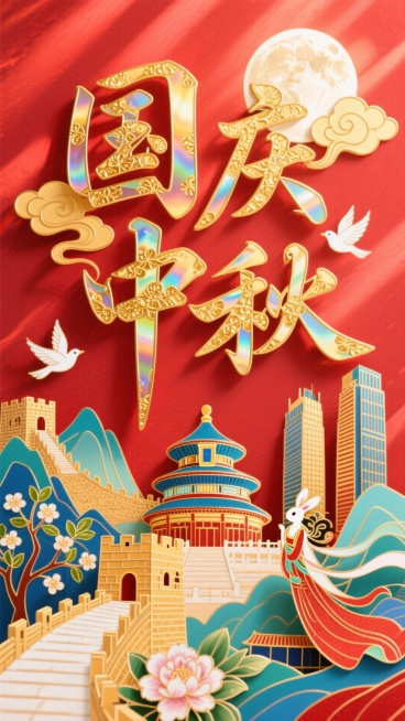 字体设计，“国庆中秋”字笔画进行解构用元素拼接而成，文字笔画填充建筑（长城、山脉、故宫、天坛、高楼大厦等）、嫦娥、月兔、桂花树、鲜花、灯笼，白鸽点缀，光影交织，边缘环绕着金色的祥云，红色背景，整体和谐预览效果