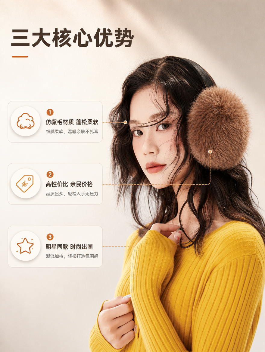 [商品] 使用【图2】焦糖棕仿貂毛耳罩侧面特写；商品处理：保留… - 图片创意预览