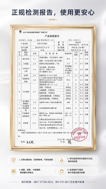 [第9屏] 产品质检报告展示页。本屏使用【图7】作为检测报告内容。
[氛围/风格] 正式可信，简约干净，柔光低饱和。
[元素布局] 顶部标题，中部展示装裱好的质检报告，底部补充说明，整体居中展示。
[预览效果