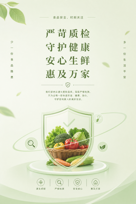 简约设计食品安全宣传海报，无人物露脸，浅绿干净背景。标题"食品安全，时刻关注"字号缩小放最上方居中，两侧竖排文字缩小：左"少一份食品隐患"，右"多一份生活平安"，中间大字"严苛质检 守护健康 安心生鲜预览效果