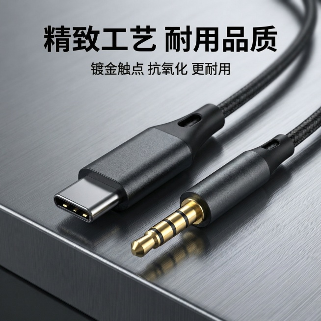 [主图 3 细节展示] 主图主题：黑色有线耳机接口工艺细节；氛围/风格：微距超清科技质感；画面元素：Type-C和3.5mm双接口的微距特写，放置在拉丝金属灰色台面上，突出镀金触点磨砂外壳的精致工艺，预览效果