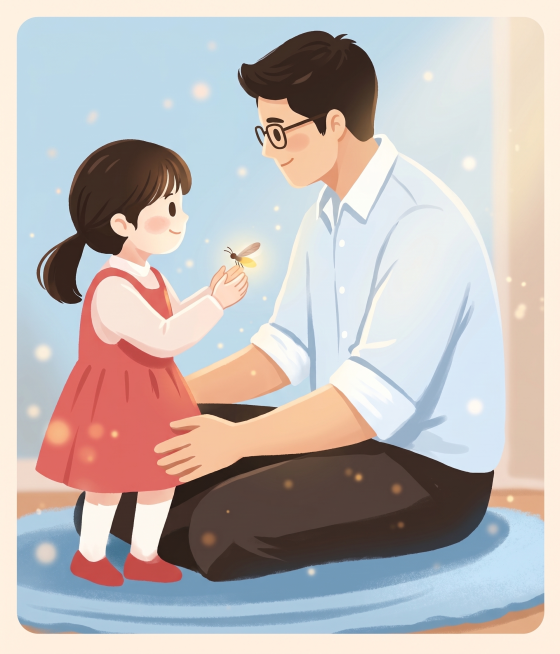 参考原图生成一张温馨的父女互动图，温暖治愈风格，父亲温柔注视着小女孩，整体氛围温馨预览效果